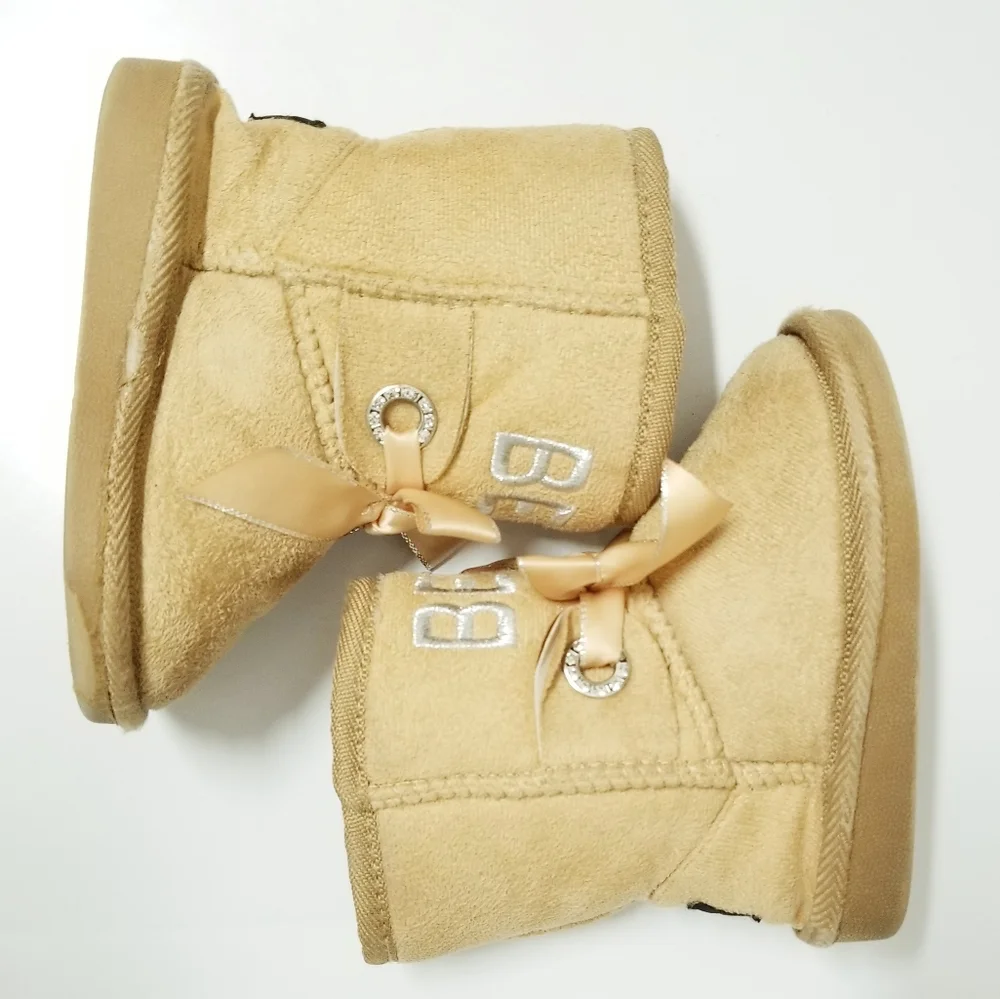 Bebe Toddler Girl's Tan Mid Calf Logo Boots with Satin Bow & Rhinestone Baby 7